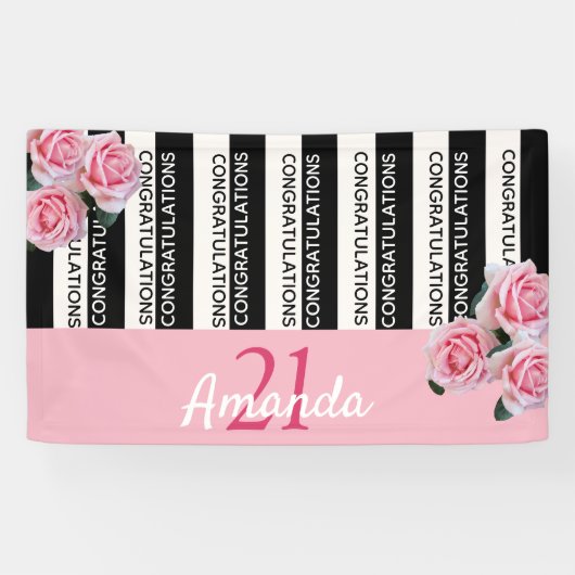 21e verjaardag zwarte witte strepen roze florals spandoek (Horizontaal)