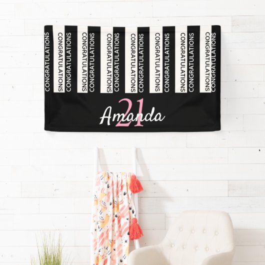 21e verjaardag zwarte witte strepen roze spandoek (Insitu)