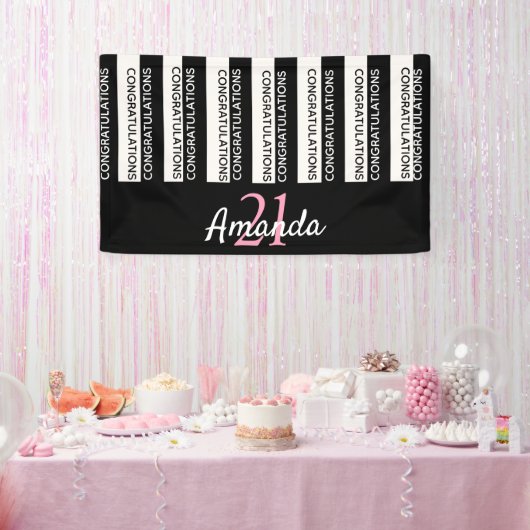 21e verjaardag zwarte witte strepen roze spandoek (Feest)