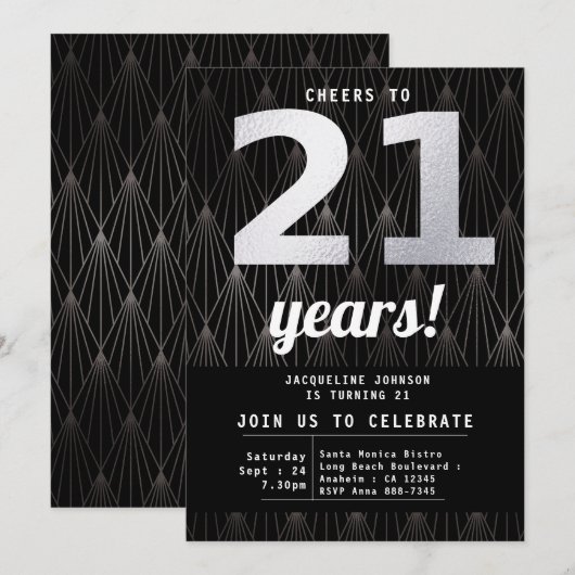 21e verjaardag zwarte zilverpartij kaart (Voorkant / Achterkant)