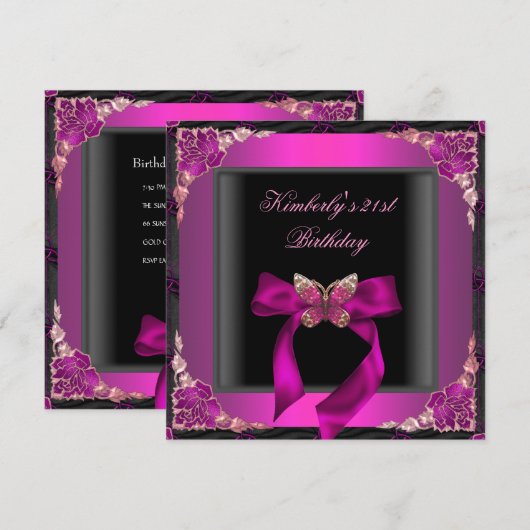 21e verjaardag zwarte zilverroze vlinder kaart (Voorkant / Achterkant)