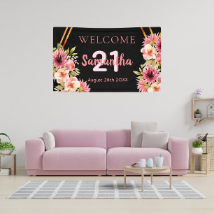 21e verjaardag zwarte zwarte roze floralen spandoek