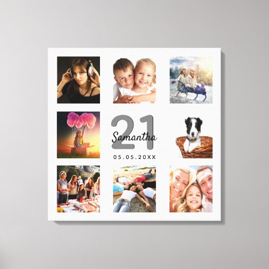 21e verjaardagfoto collage wit monogram canvas afdruk (Voorkant)