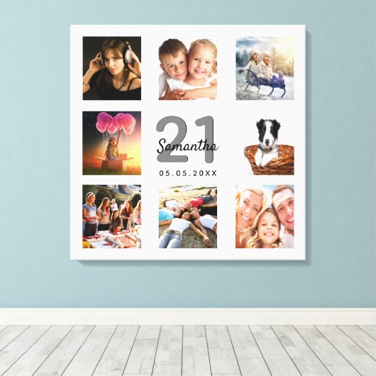 21e verjaardagfoto collage wit monogram canvas afdruk (Insitu (Houten vloer))