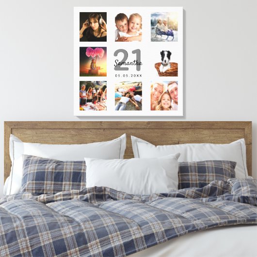 21e verjaardagfoto collage wit monogram canvas afdruk (Insitu (Slaapkamer))