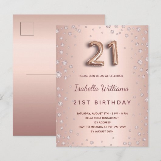 21e verjaardagscrisis roos gouden diamons ballonsc briefkaart (Voorkant / Achterkant)