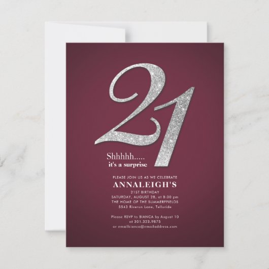 21e Verjaardagsfeest Burgundy Zilver Glitter Kaart (Voorkant)