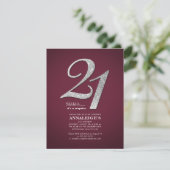 21e Verjaardagsfeest Burgundy Zilver Glitter Kaart (Staand voorkant)