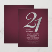 21e Verjaardagsfeest Burgundy Zilver Glitter Kaart (Voorkant / Achterkant)
