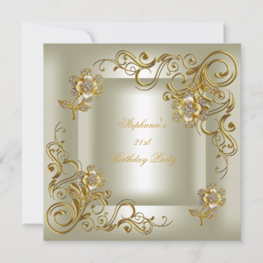 21e Verjaardagsfeest Crème Goud Diamant Kaart (Voorkant)