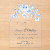 21e Verjaardagsfeest Dusty Blue Roos Bloemenboog Acryl Uitnodigingen (Voorkant)