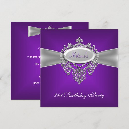 21e verjaardagsfeest Elegant Paarse Zilver Kaart (Voorkant / Achterkant)
