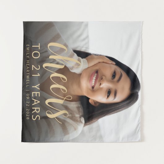 21e verjaardagsfeest Foto Gold Script Cheers Wandkleed (Voorkant (horizontaal))