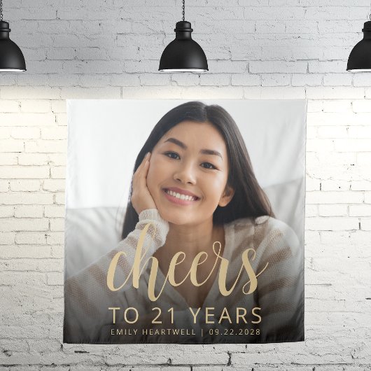 21e verjaardagsfeest Foto Gold Script Cheers Wandkleed