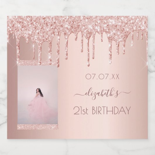 21e verjaardagsfeest foto roos goud roze sparkling wijnetiket (Enkel label)