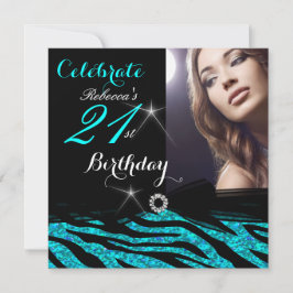 21e Verjaardagsfeest Glitter Turquoise Blauwe Zebr Kaart