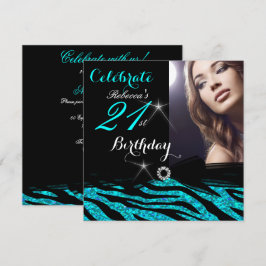 21e Verjaardagsfeest Glitter Turquoise Blauwe Zebr Kaart
