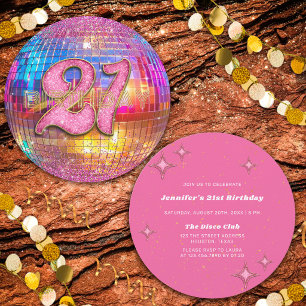 21e Verjaardagsfeest Goud Roze Glitter Disco Bal Kaart