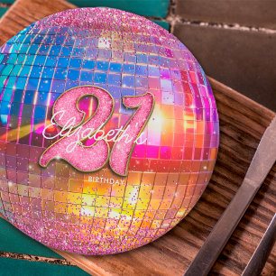 21e Verjaardagsfeest Goud Roze Glitters Disco Bal Papieren Bordje