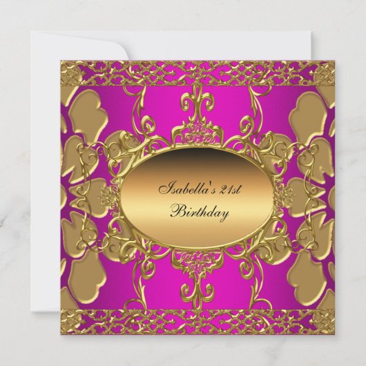 21e Verjaardagsfeest Hot Pink Gold Flourish Gold Kaart (Voorkant)