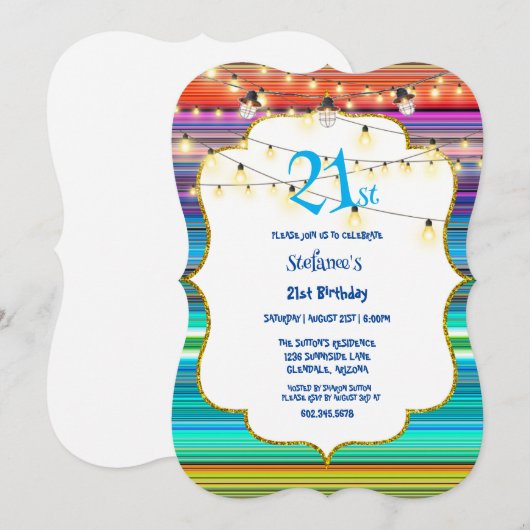 21e verjaardagsfeest kleurrijke strepen en lichten kaart (Voorkant / Achterkant)