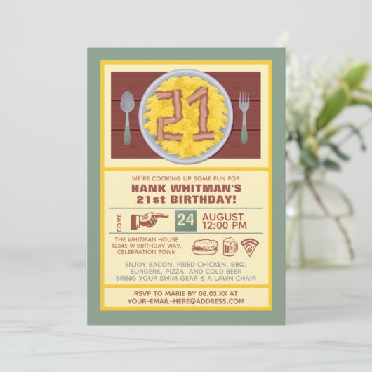 21e Verjaardagsfeest Mannen Funny Bacon Eggs Theme Kaart (Staand voorkant)