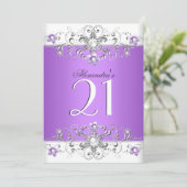 21e Verjaardagsfeest Paars Wit Diamant Kaart (Staand voorkant)