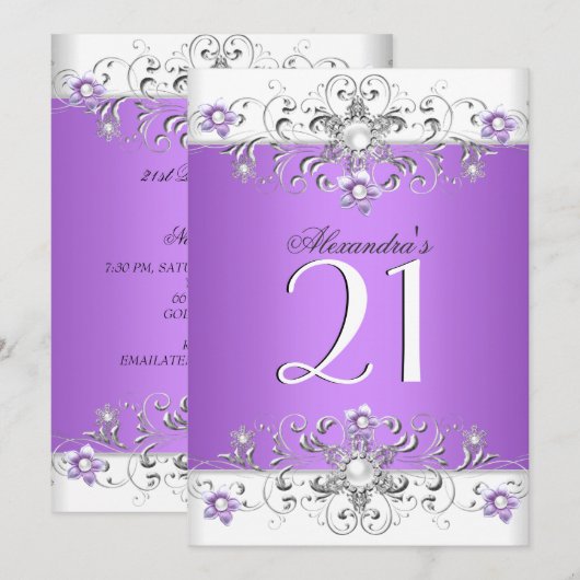 21e Verjaardagsfeest Paars Wit Diamant Kaart (Voorkant / Achterkant)