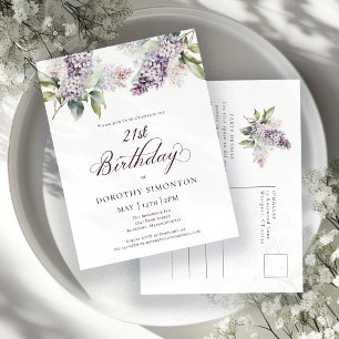 21e Verjaardagsfeest Paarse Lente Lila Bloem Uitnodiging Briefkaart