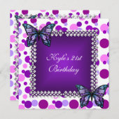 21e Verjaardagsfeest Paarse Vlinders Zilver Kaart (Voorkant / Achterkant)