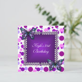 21e Verjaardagsfeest Paarse Vlinders Zilver Kaart (Staand voorkant)