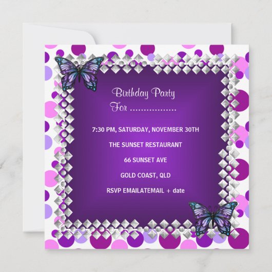 21e Verjaardagsfeest Paarse Vlinders Zilver Kaart (Achterkant)