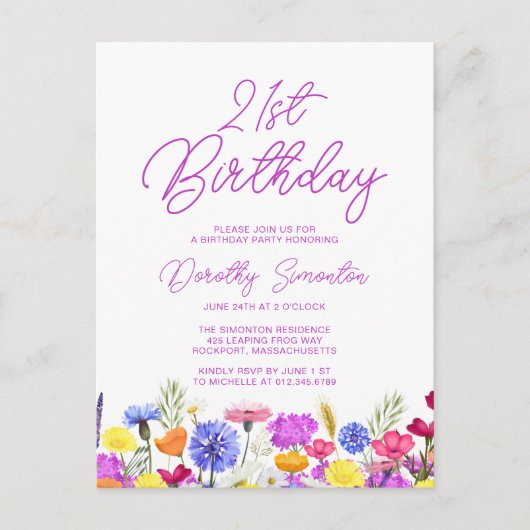 21e verjaardagsfeest Paarse wilde bloemen betaalba Uitnodiging Briefkaart (Voorkant)
