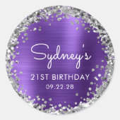 21e verjaardagsfeest Paarse zilveren glitter Ronde Sticker (Voorkant)