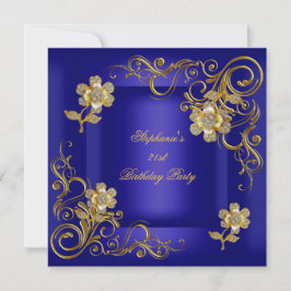 21e verjaardagsfeest Royal Blue Gouden Diamant Kaart