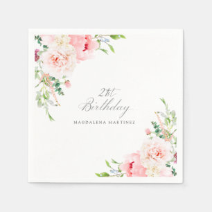 21e Verjaardagsfeest Roze Bloemen Custom Cocktail Servet