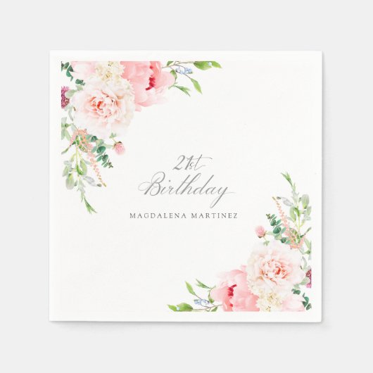 21e Verjaardagsfeest Roze Bloemen Custom Cocktail Servet (Voorkant)