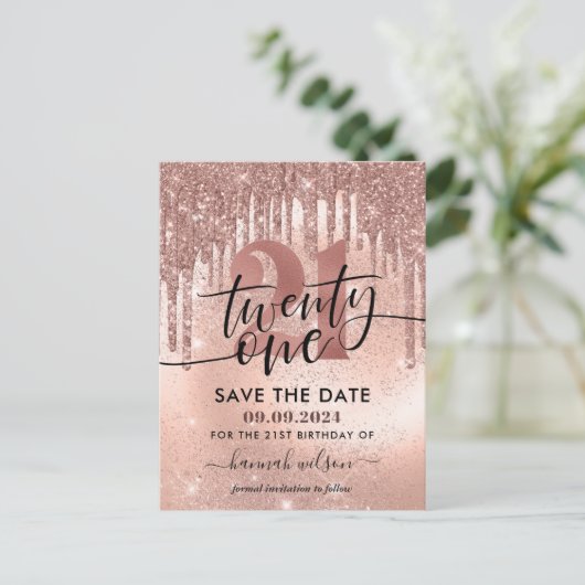 21e Verjaardagsfeest Roze Goud Save The Date Briefkaart (Staand voorkant)