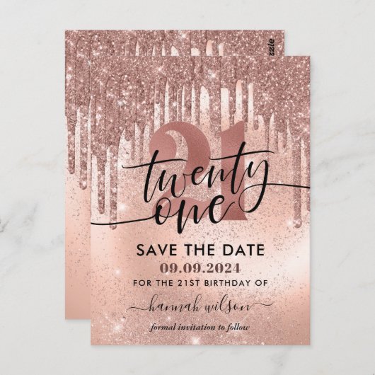 21e Verjaardagsfeest Roze Goud Save The Date Briefkaart (Voorkant / Achterkant)