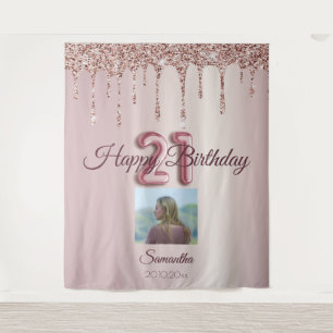 21e Verjaardagsfeest Roze Gouden Ballon Glitter Wandkleed