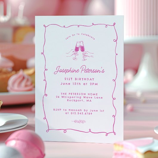 21e verjaardagsfeest roze grillige doedel kaart