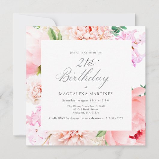 21e Verjaardagsfeest Roze pioenroos Bloemenplein Kaart (Voorkant)