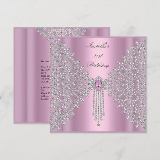 21e Verjaardagsfeest Roze Zilver Wit Diamant Kaart (Voorkant / Achterkant)