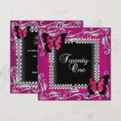 21e Verjaardagsfeest Roze Zwarte Vlinders Zilver Kaart (Voorkant / Achterkant)