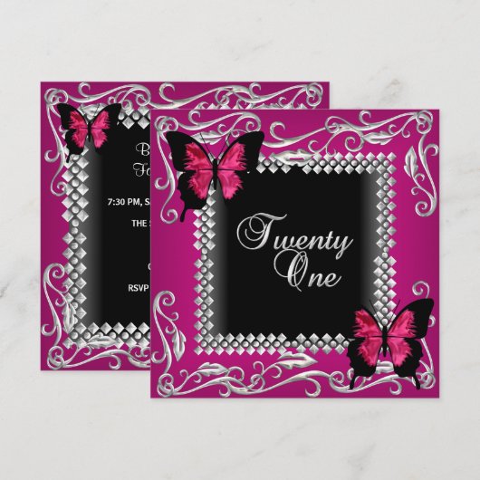 21e Verjaardagsfeest Roze Zwarte Vlinders Zilver Kaart (Voorkant / Achterkant)