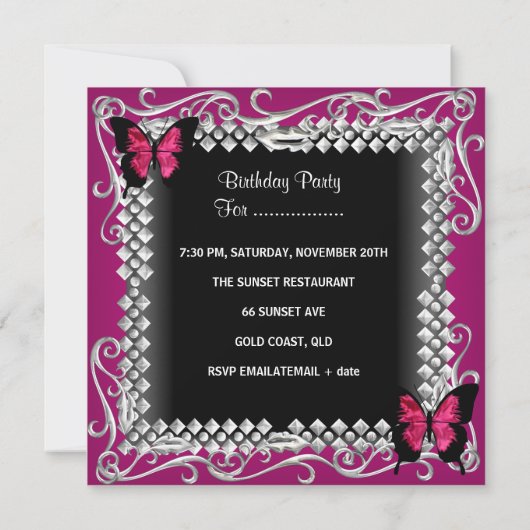 21e Verjaardagsfeest Roze Zwarte Vlinders Zilver Kaart (Achterkant)