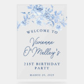 21e Verjaardagsfeest Welkom Blauw Roos Bloemen Acryl Bord (Voorkant)