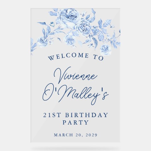 21e Verjaardagsfeest Welkom Blauw Roos Bloemen Acryl Bord (Voorkant)