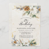 21e Verjaardagsfeest Winter White Floral Greenery Kaart (Voorkant / Achterkant)