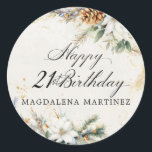 21e Verjaardagsfeest Witte Winter Bloemen Custom Ronde Sticker<br><div class="desc">Elegante winterwitte bloemen zijn genesteld in dennengroen en pinecones. De zachte ivoorwitte waterverf wasachtergrond is geaccentueerd met gouden vlekken om een verfijnde en chique esthetiek te creëer.</div>
